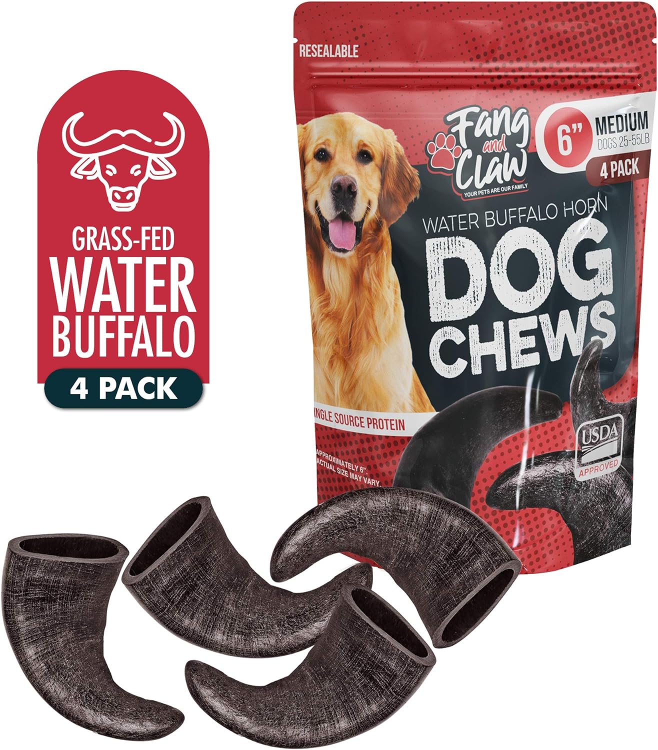 Water Buffalo Horn Dog Chew 4 Pack - Medium 6" - All Natural Free Range Grass Fed Single Source Protein - No Chemicals, Additives, Hormones - Long Lasting, Good for Aggressive Chewers – by Fang & Claw