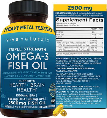 Triple Strength Omega 3 Fish Oil Supplement - 2500 Mg Fish Oil With Re-Esterified Omega 3 Fatty Acids Including Epa, Dha Dpa - 180 Pescatarian-Friendly Softgels