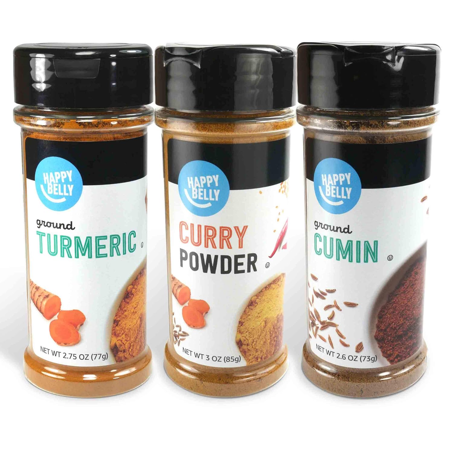 Amazon Brand - Happy Belly Indian Spices (Turmeric, Cumin, Curry Powder), 3 Piece Set