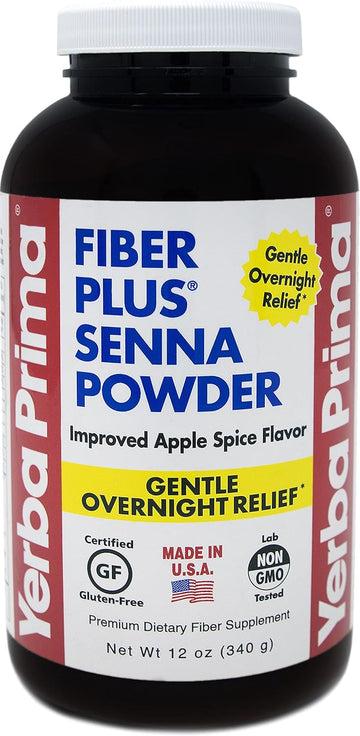 Yerba Prima Fiber Plus Senna Powder, 12 Ounce - for Short-Term Use to Restore Regularity, Improved Apple Spice Flavor, Stevia Sweetened, Provides Gentle Overnight Relief