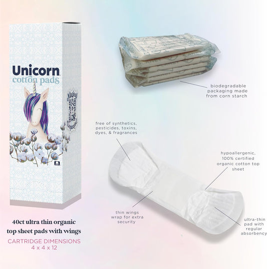 UNICORN Pads, Organic Plant-Based Cotton Covered Ultra Thin Pads with Wings (40 Count, Pack of 1)