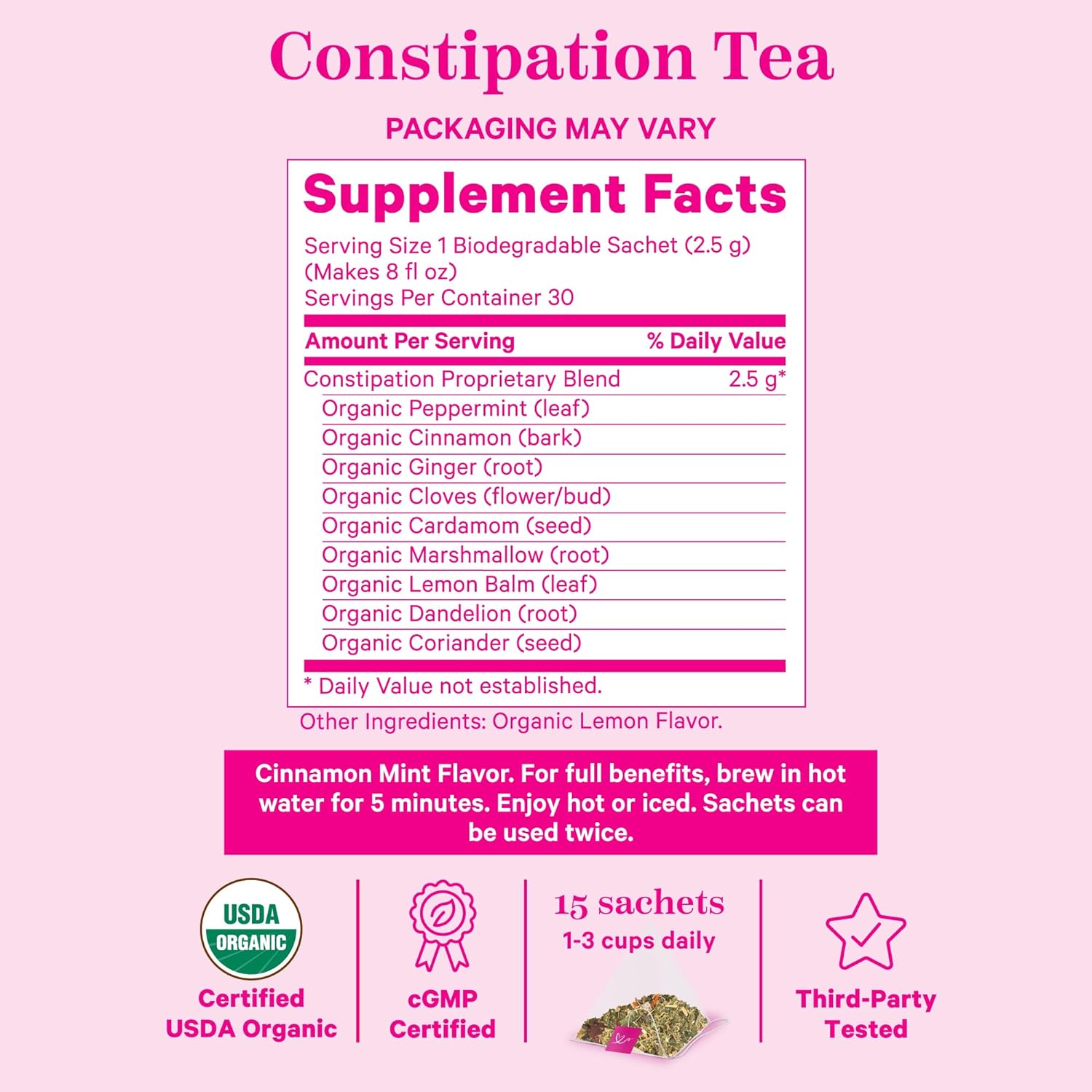 Pink Stork Organic Constipation Tea - Natural & Gentle Support for Digestion, Gas, and Constipation - Prenatal Essentials - Pregnancy and Postpartum Must Haves - 15 Sachets Cinamon Mint Laxative Tea : Grocery & Gourmet Food