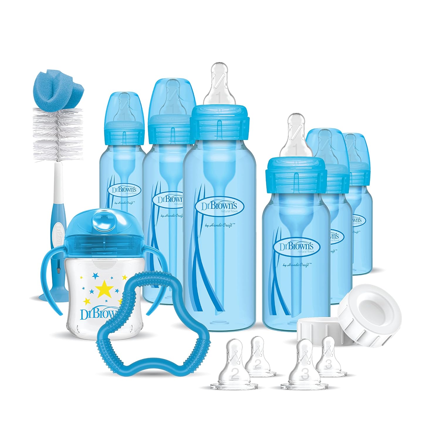 Dr. Brown'S Natural Flow Anti-Colic Options+ Special Edition Blue Baby Bottle Gift Set With Soft Sippy Spout Transition Cup, Flexees Teether, Bottle Cleaning Brush And Travel Caps