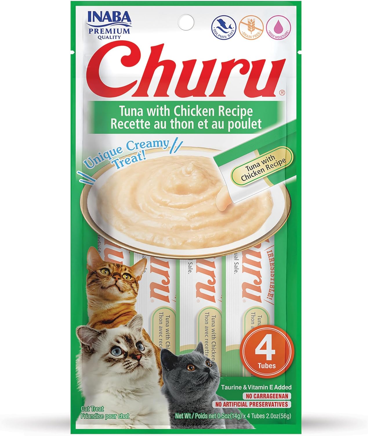 INABA Churu Lickable Purée Natural Cat Treats (Tuna with Chicken Recipe, 4 Tubes)