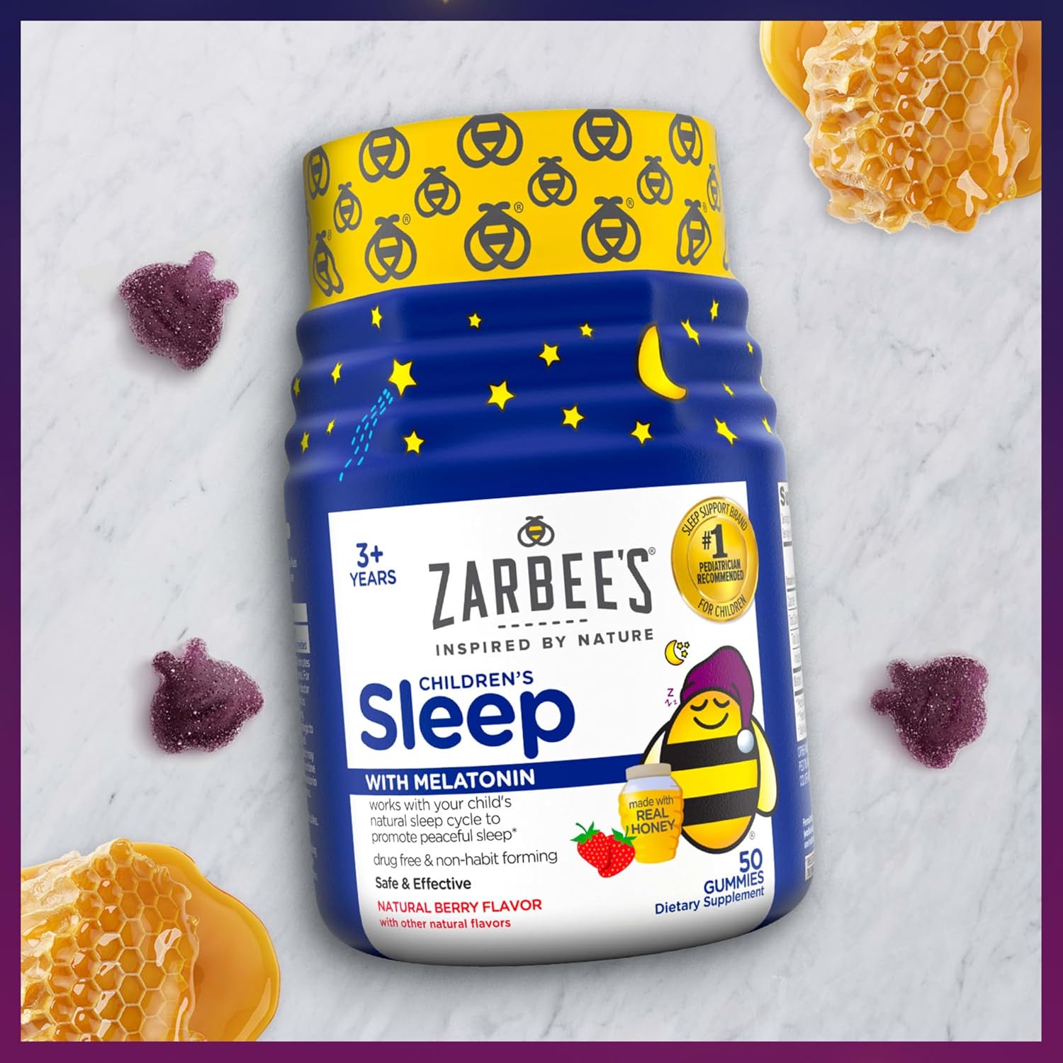 Zarbee's Kids 1mg Melatonin Gummy; Drug-Free & Effective Sleep Supplement for Children Ages 3 and Up; Natural Berry Flavored Gummies; 50 Count