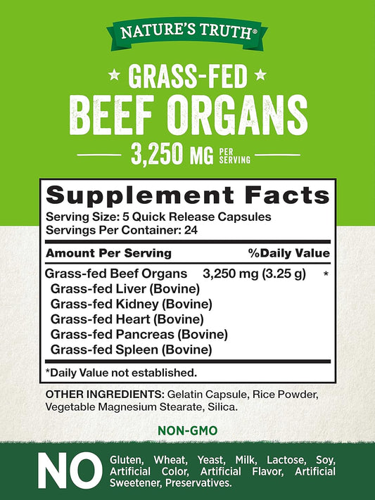 Nature'S Truth Grass Fed Beef Organs Capsules | 120 Count | 3250Mg Complex Of Liver, Heart, Kidney, Pancreas, Spleen | Non-Gmo & Gluten Free Supplement