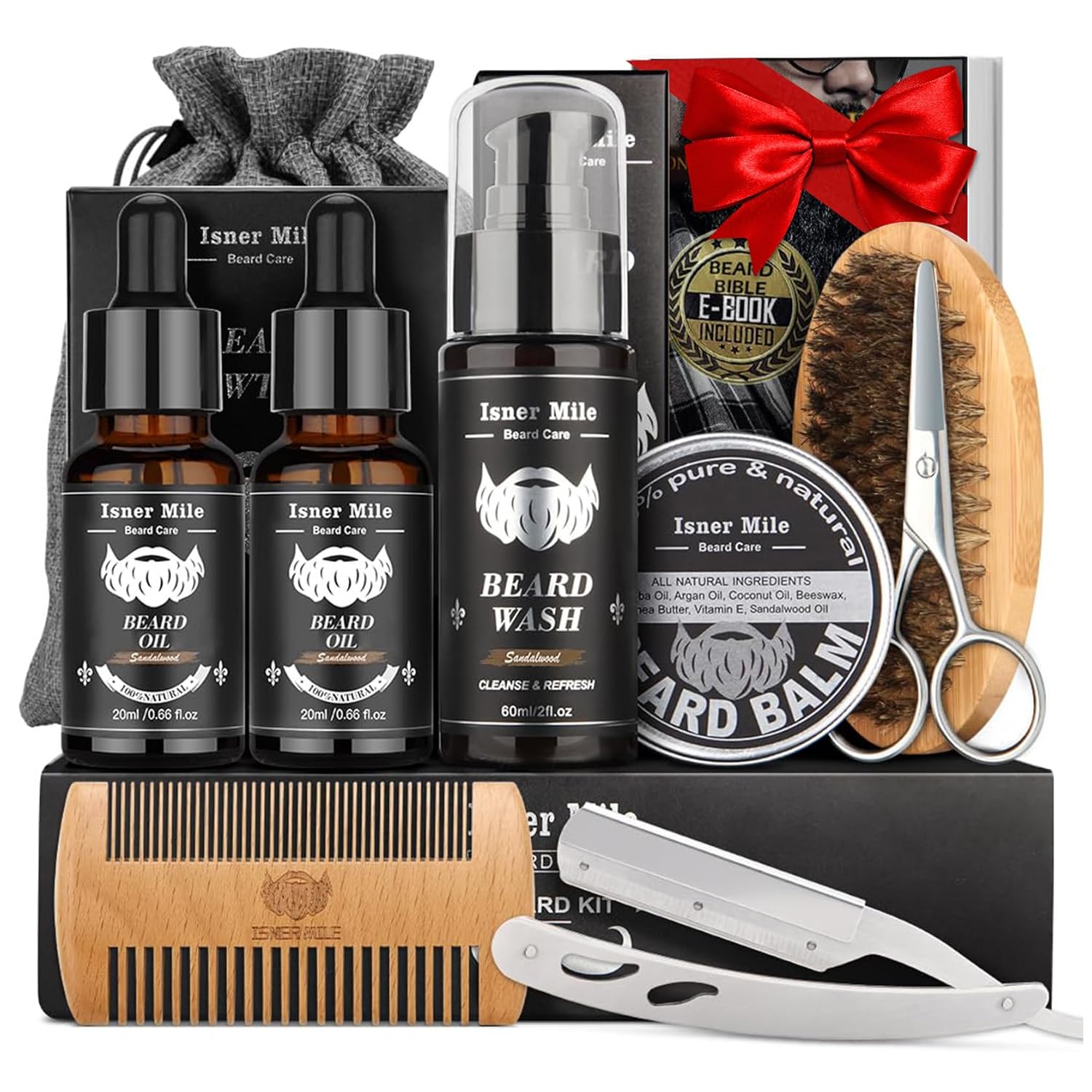 Isner Mile Beard Grooming Kit For Men: Trimming Sets With Beard Wash/Shampoo - Oil - Balm - Brush - Comb - Scissors & Storage Bag, Valentines Birthday Fathers Gifts For Dad Men Husband Boyfriend
