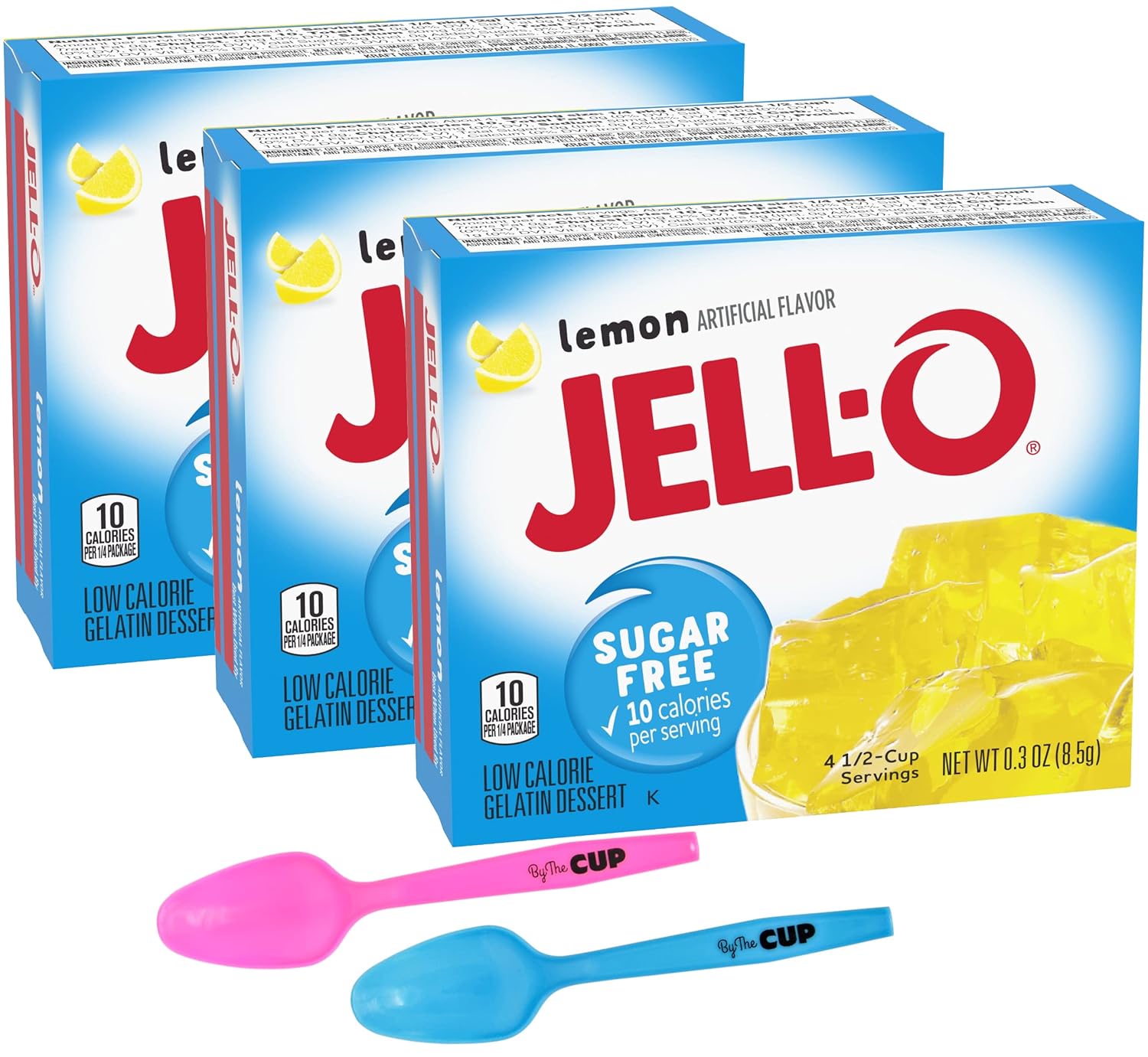 Sugar Free Jell-O Gelatin, Lemon 0.3 Ounces (Pack Of 3) With By The Cup Mood Spoons