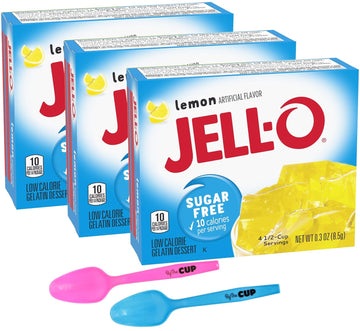 Sugar Free Jell-O Gelatin, Lemon 0.3 Ounces (Pack Of 3) With By The Cup Mood Spoons