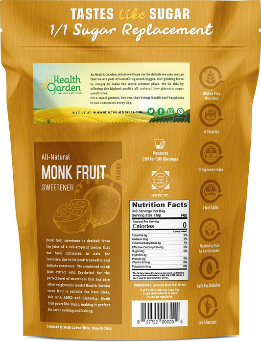 Health Garden Monk Fruit Sweetener, Classic - Non Gmo - Gluten Free - Sugar Substitute - Kosher - Keto Friendly (3 Lbs)