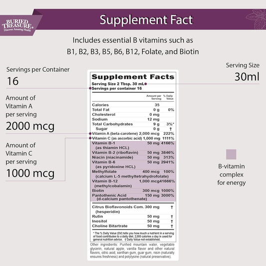 Buried Treasure B Complete High Potency All B Vitamins Liquid Supplement For Stress, Energy And Healthy Immune Support Vegan Non-Gmo, 16 Oz W/ Dose Cup