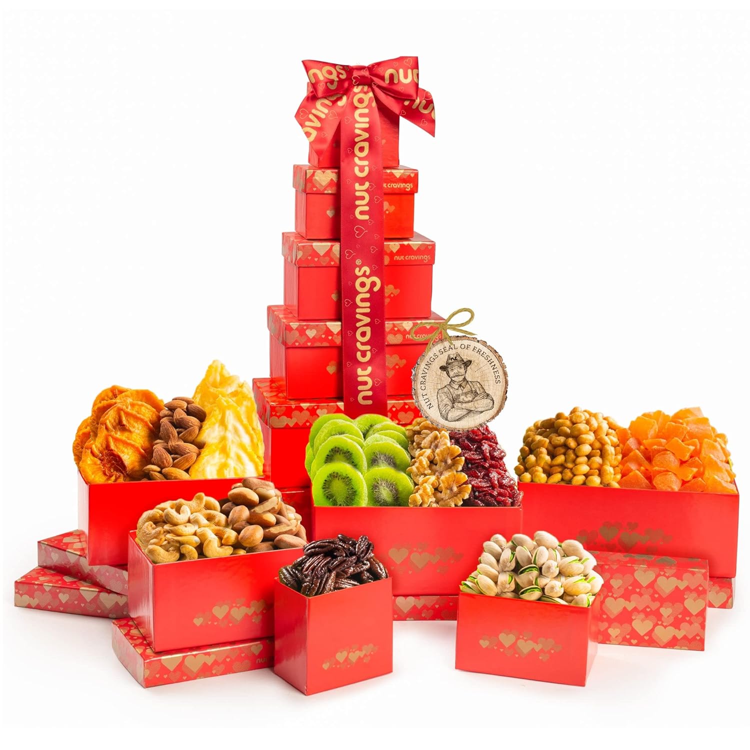 Nut Cravings Gourmet Collection - Dried Fruit & Mixed Nuts Gift Basket Red Tower + Heart Ribbon (12 Assortments) Teacher Appreciation Arrangement Platter, Healthy Kosher Usa Made