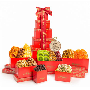 Nut Cravings Gourmet Collection - Dried Fruit & Mixed Nuts Gift Basket Red Tower + Heart Ribbon (12 Assortments) Teacher Appreciation Arrangement Platter, Healthy Kosher Usa Made