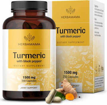 Herbamama Turmeric Curcumin Capsules - 1500 Mg Turmeric With Black Pepper For Joint Support - Easy Digestion & Joint Health Supplement - Vegan, Non-Gmo - 250 Caps