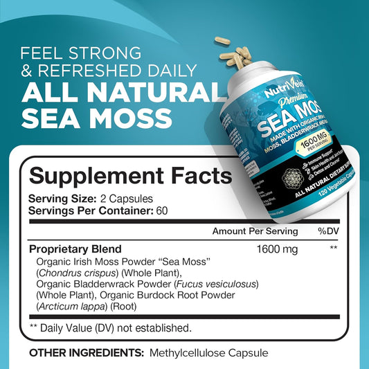 Nutrivein Organic Sea Moss 1600Mg Plus Bladderwrack & Burdock - 120 Capsules - Prebiotic Super Food Boosts The Immune System & Digestive Health - Thyroid, Healthy Skin, Keto Detox, Gut, Joint Support