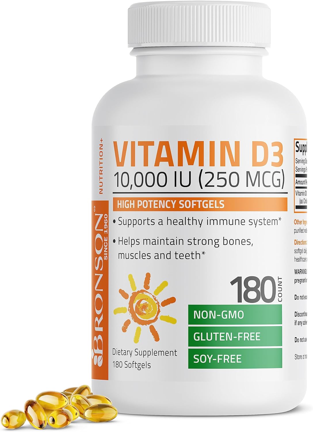 Bronson Vitamin D3 10,000 Iu (250 Mcg) High Potency - Supports Healthy Immune System, Strong Bones, Muscles & Teeth - Non Gmo, 180 Softgels