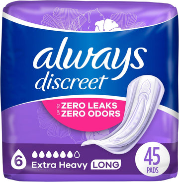 Always Discreet Adult Extra Heavy Long Incontinence Pads, Up To 100% Leak-Free Protection, White 45 Count (Packaging May Vary)