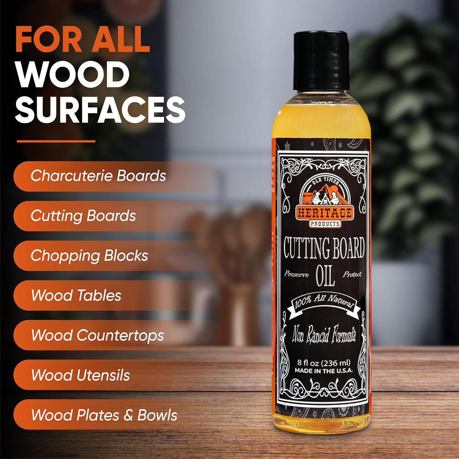 Heritage Products Cutting Board Oil - Food Grade Butcher Block Oil for Utensils, Bowls, Countertops - 100% Natural Plant Based Wood Conditioner is Flavorless, Scent-Free, and No Sticky Residue (8 oz) : Health & Household