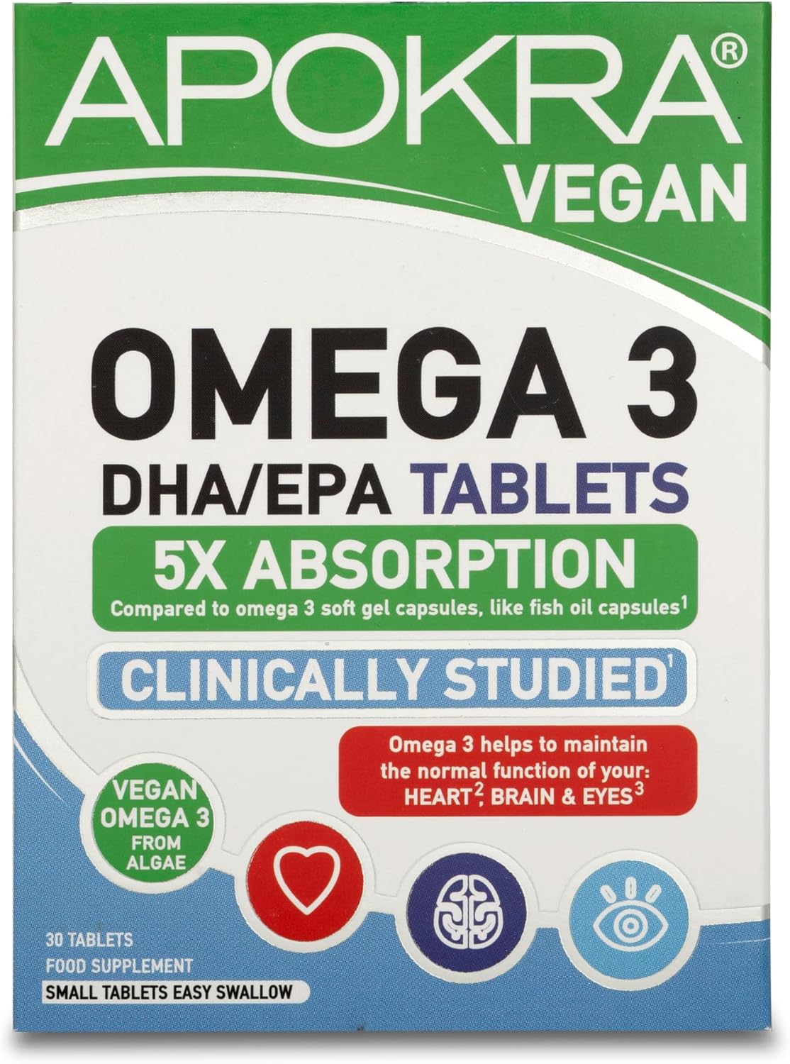Vegan Omega 3 Tablets From Algae | Fish Free | High In Dha | 5X Absorption | Carrageenan Free | No Heavy Metals | Easy Swallow | 30 Vanilla Coated Tablets | Apokra