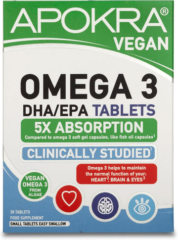Vegan Omega 3 Tablets From Algae | Fish Free | High In Dha | 5X Absorption | Carrageenan Free | No Heavy Metals | Easy Swallow | 30 Vanilla Coated Tablets | Apokra