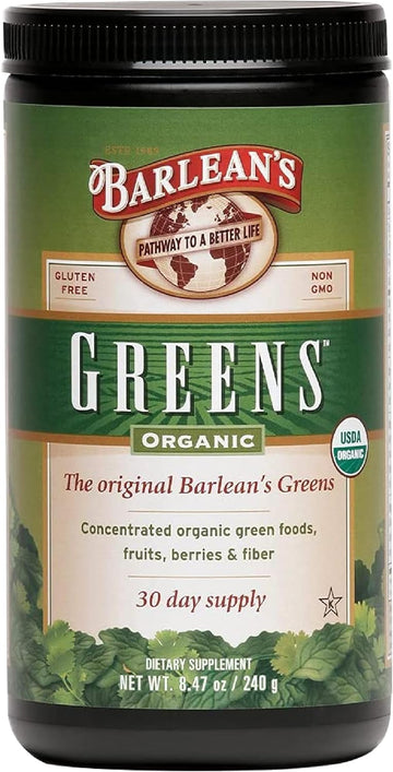 Barlean's Organic Greens Powder, Fruits & Veggies Superfood Supplement with Green Food Protein, Probiotic Blend & Fiber for Athletic Endurance and Daily Health, 8.47 oz Pack of 1