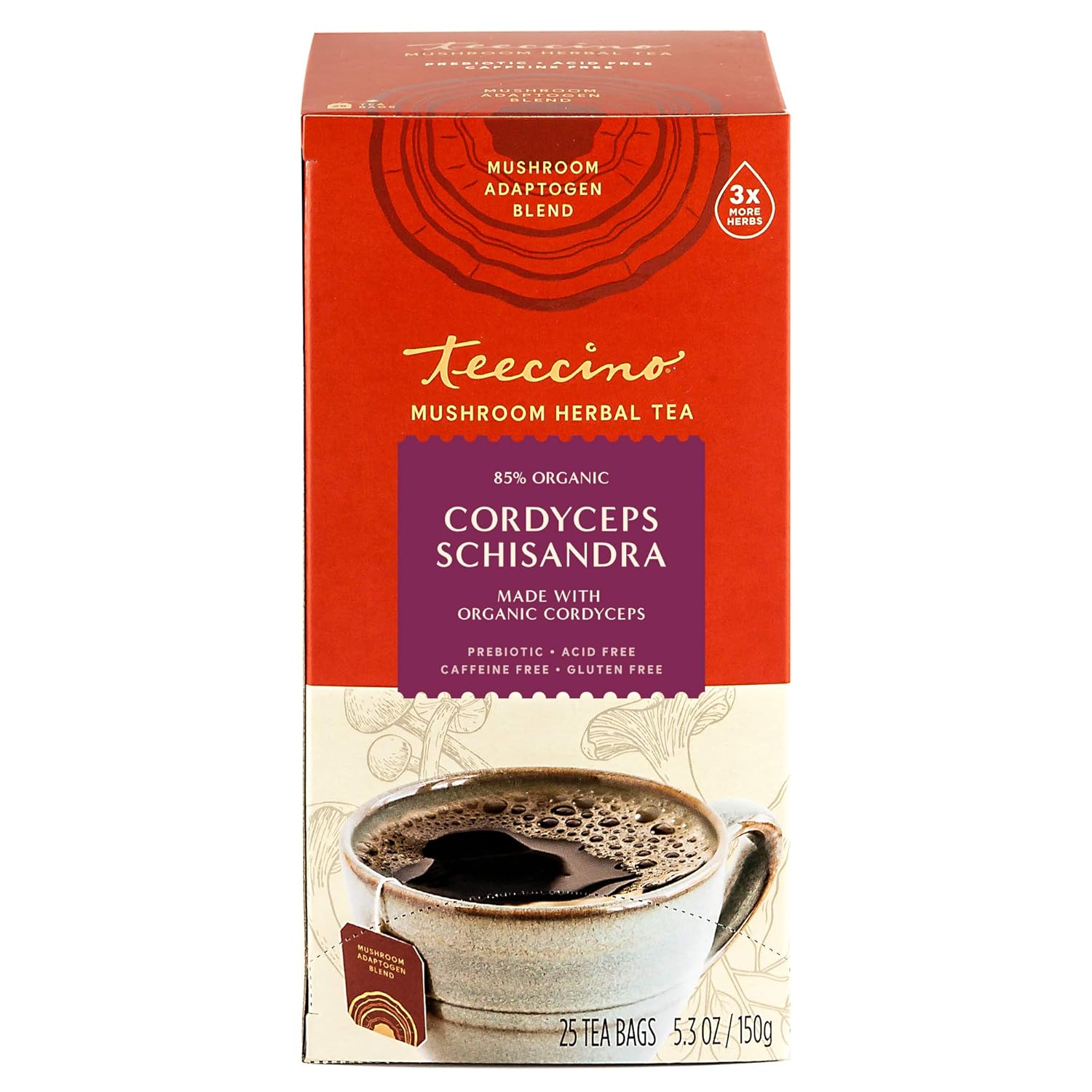 Teeccino Cordyceps Schisandra Tea - Cinnamon Berry - Caffeine Free Mushroom Adaptogenic Herbal Tea, 3X More Herbs Than Regular Tea Bags, Naturally Sweet, Gluten Free, Prebiotic - 25 Tea Bags