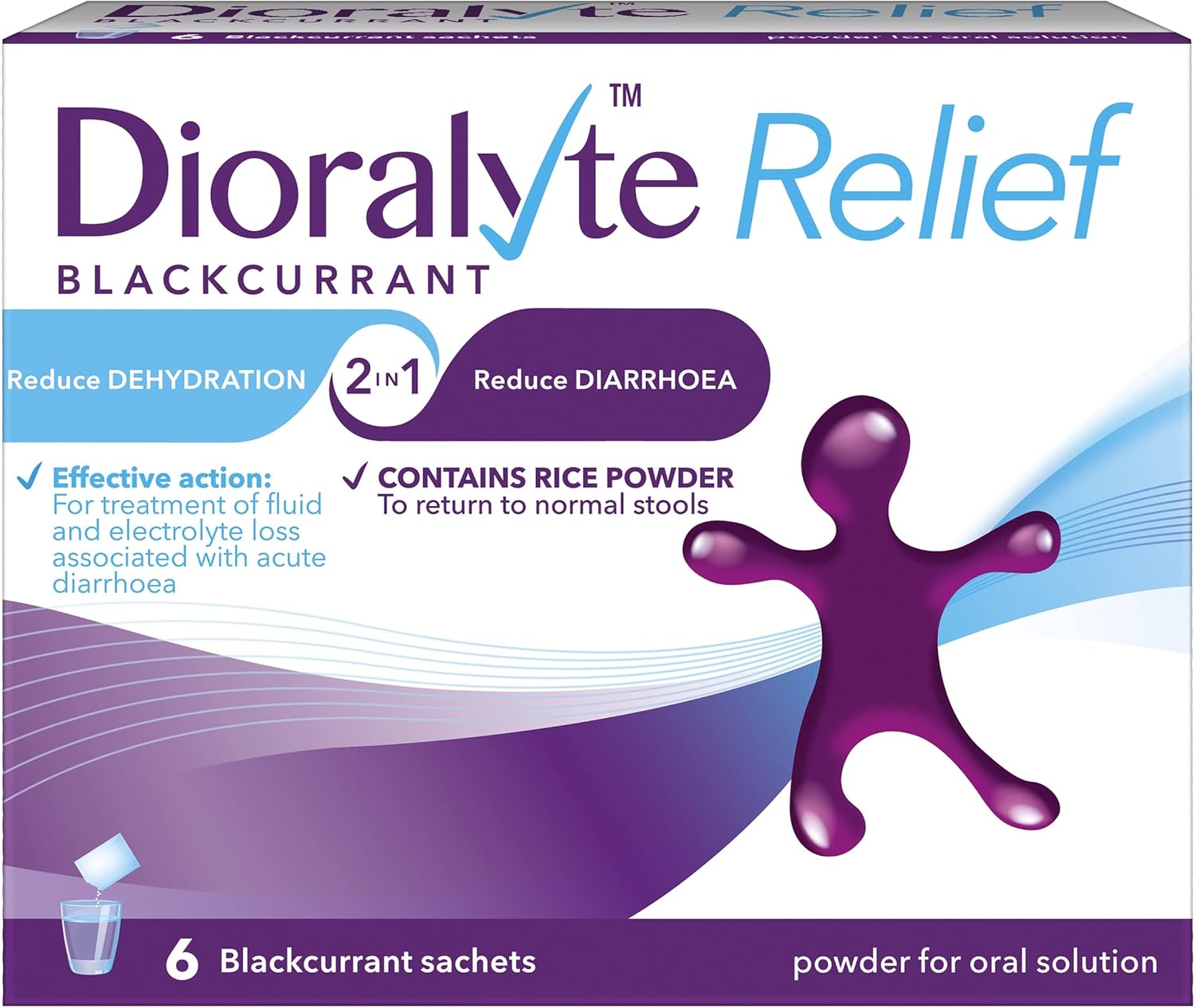 Dioralyte Relief Blackcurrant - Fast And Effective Rehydration Treatment To Help Replace The Loss Of Body Fluid And Electrolytes (Minerals And Salts) - Blackcurrant Flavour- 6 Sachets