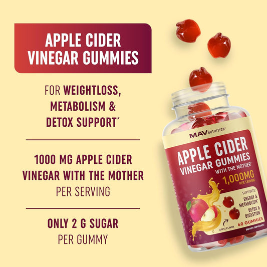 Organic Apple Cider Vinegar Gummies for Weight, Digestion, Detox, Immunity & Diet Support with ACV | With The Mother, Vitamin B6, B12 & Folate | Belly Fat Burner for Women & Men | Vegan, 500MG | 60 Ct