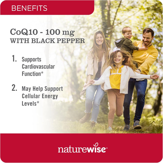 Naturewise Coq10 100Mg Softgels, High Absorption Coenzyme 10 With Bioperine Black Pepper - Antioxidant For Heart Health + Cellular Energy - Vegan, Non-Gmo, Gluten-Free - 30 Softgels[1-Month Supply]