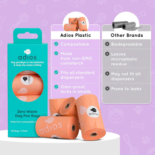 Adios - Compostable Dog Poop Bags, 120 Count (8 Rolls) - Coral Colour - Extra Thick, Leakproof, Odour Proof Dog Waste Bags - Made From Compostable Cornstarch - Easy Tear Rolls