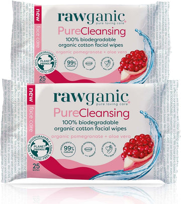 RAWGANIC Pure Cleansing Anti-aging Facial Wipes with Pomegranate and Aloe Vera | Gentle Hydrating Biodegradable Makeup Removal Wipes | Organic Cotton Face Wipes | 2 Packs (50 wipes in total)