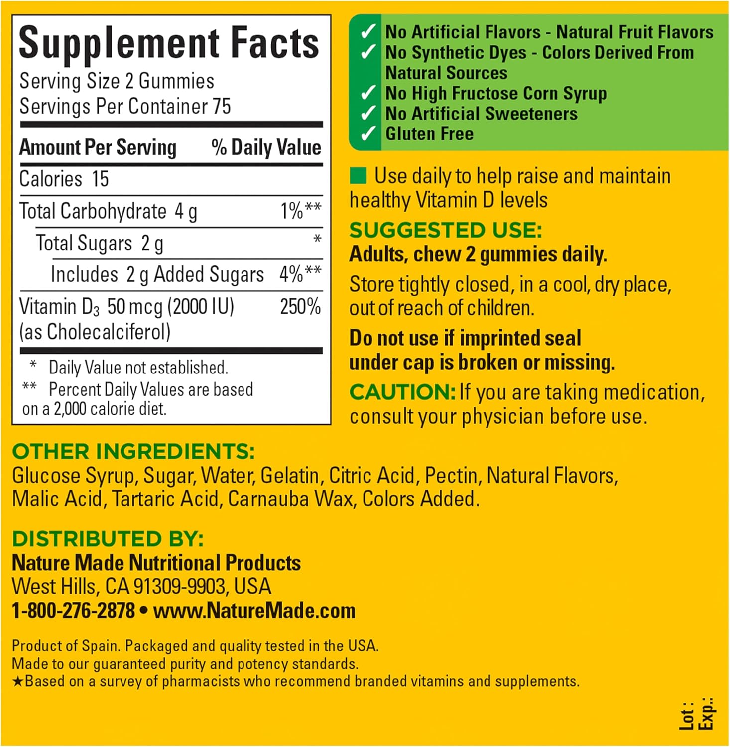 Nature Made Vitamin D3, 150 Gummies, Vitamin D 2000 IU (50 mcg), Vitamin D Gummies For Adults Helps Support Immune Health, Strong Bones and Teeth, & Muscle Function, 250% of Daily Value for Vitamin D : Health & Household