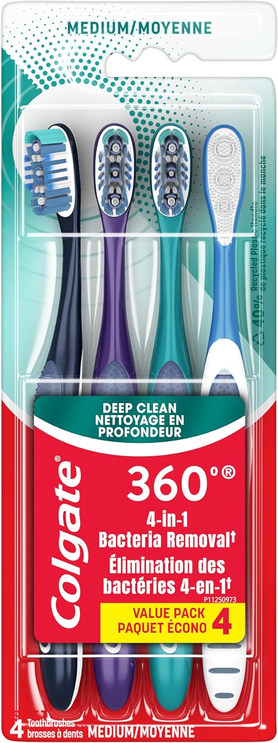 Colgate 360 Whole Mouth Clean , Medium Toothbrush for Adults, 4 Pack, Packaging May Vary