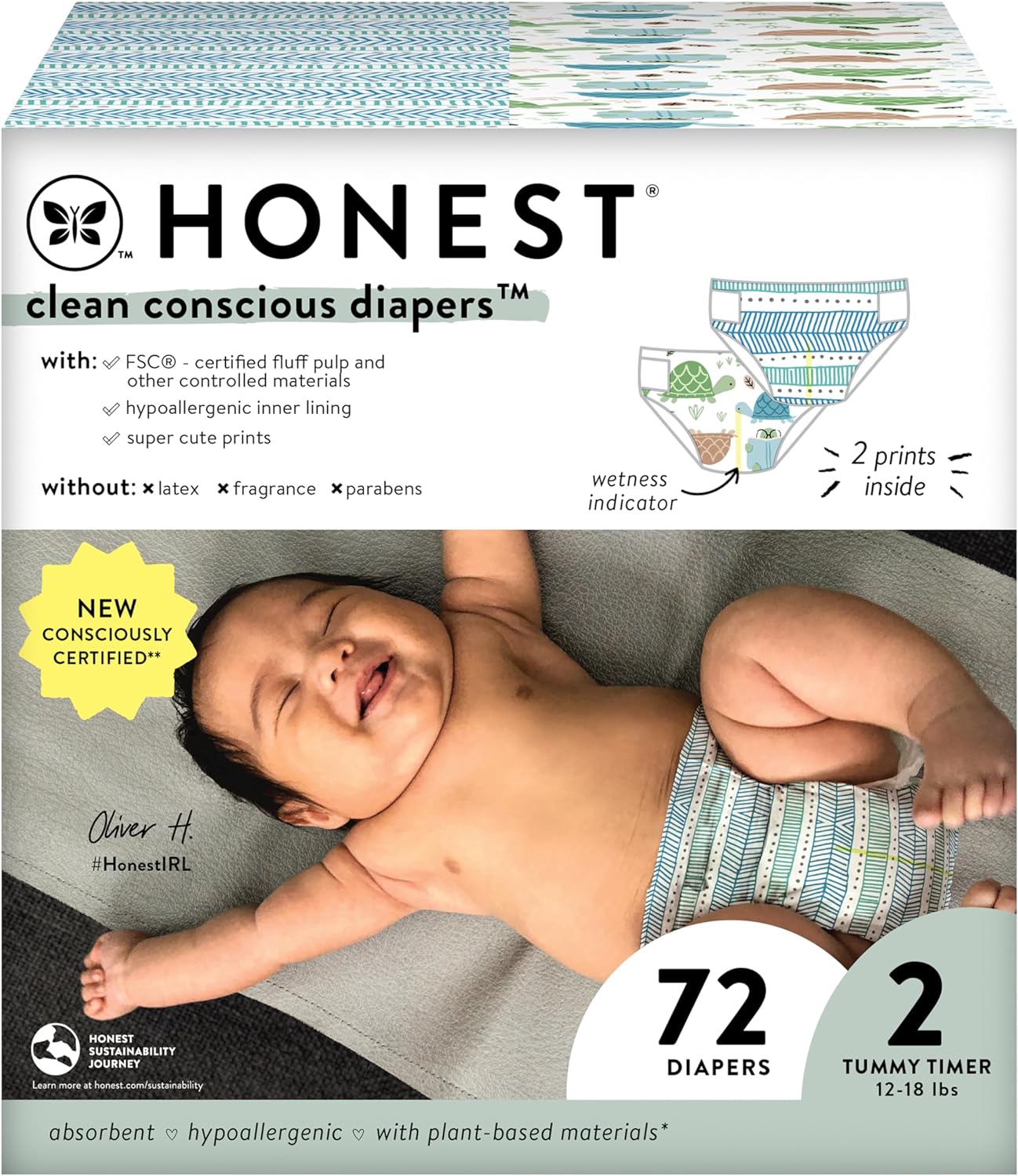 The Honest Company Clean Conscious Diapers | Plant-Based, Sustainable | Turtle Time + Dots & Dashes | Club Box, Size 2 (12-18 Lbs), 72 Count