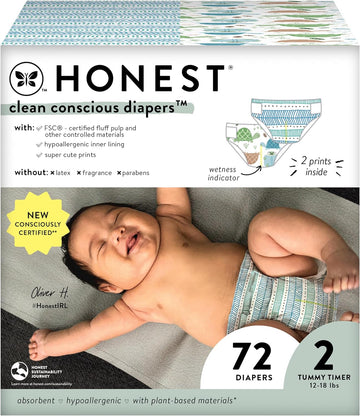 The Honest Company Clean Conscious Diapers | Plant-Based, Sustainable | Turtle Time + Dots & Dashes | Club Box, Size 2 (12-18 Lbs), 72 Count