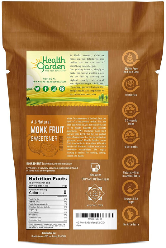 Health Garden Monk Fruit Sweetener, Golden- Non Gmo - Gluten Free - 1:1 Sugar Substitute - Kosher - Keto Friendly (12 Oz)