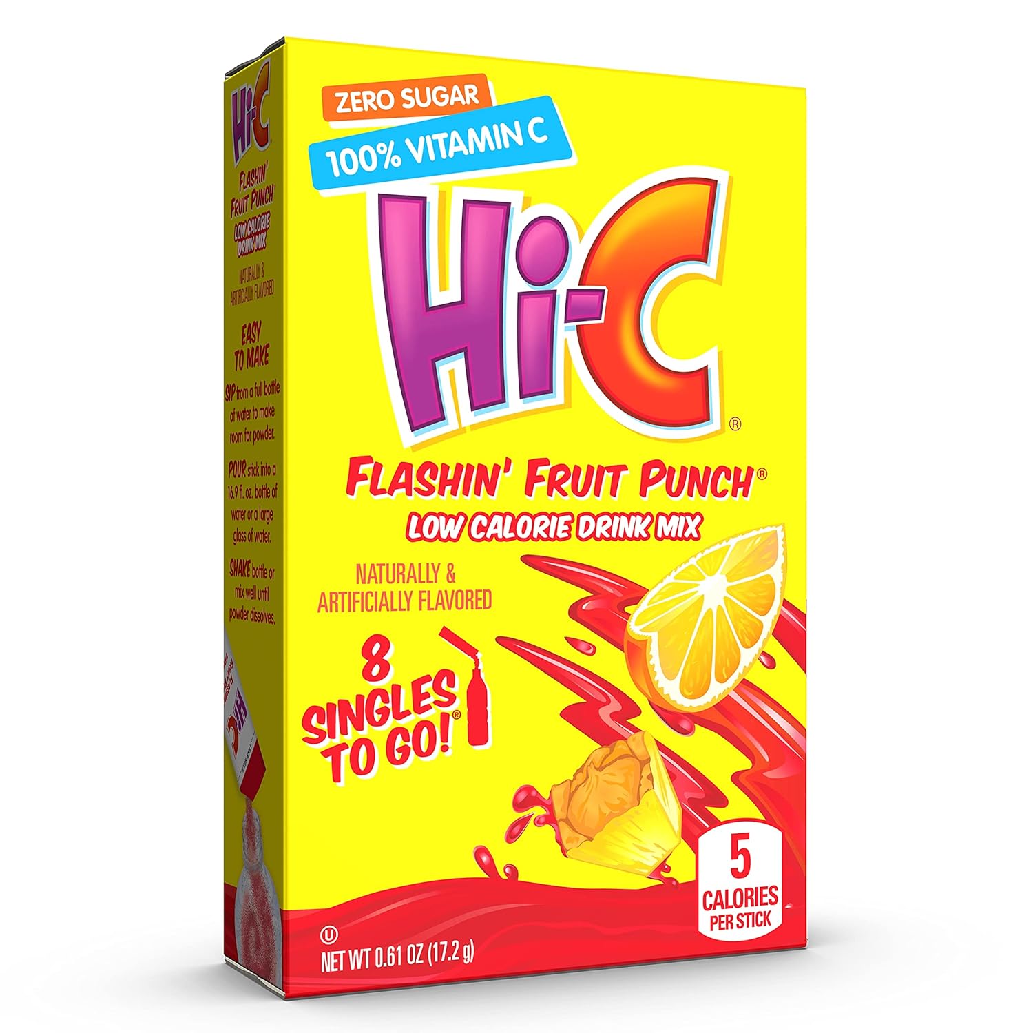 Hi-C Flashin Fruit Punch, Singles To Go, Zero Sugar, Powdered Drink Mix, Excellent Source Of Vitamin C, 8 Count (Pack Of 12) : Everything Else