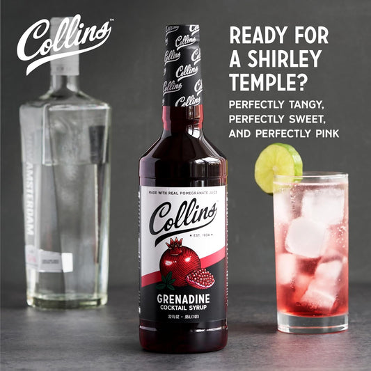 Collins Grenadine Syrup, Real Pomegranate Juice and Sugar, Craft Cocktail Syrup, Drink Mixers, 32 oz
