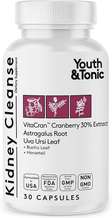 Youth & Tonic Kidney Cleanse & Detox Supplement With Cranberry Extract - Supports Urinary Tract Health, Bladder And Kidney Health - Vegan, Non-Gmo - 30 Vegetarian Pills