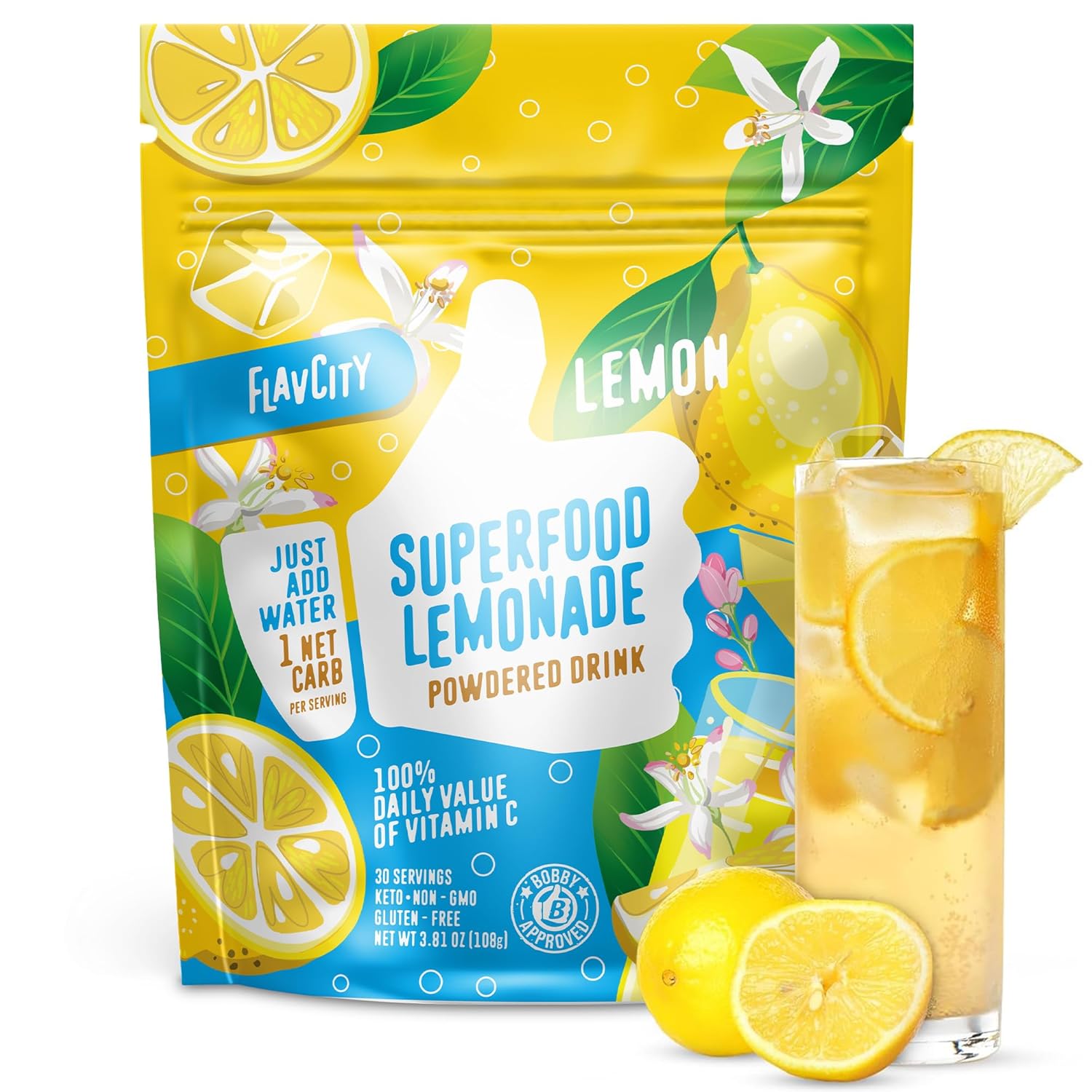 Flavcity Superfood Lemonade Powdered Drink, 30 Servings – Sugar-Free Lemonade Powder Drink Mix - Keto, Vegan, Gluten-Free & Non-Gmo