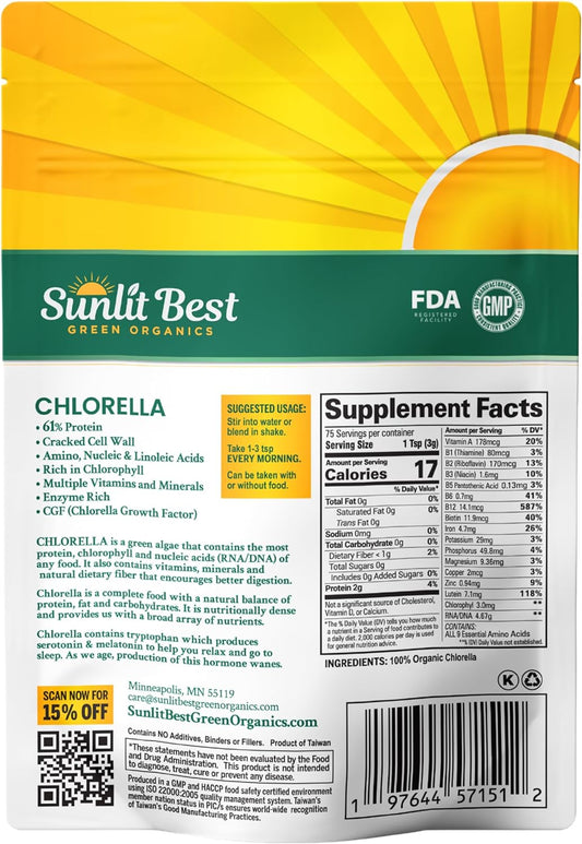 Sunlit Best USDA Organic Chlorella Powder - Green Algae, Raw & Vegan Source Of Protein & Chlorophyll | Non GMO & Gluten Free Superfood Energy Drink, Immune Support Supplement, Liver & Gut Health, 8 oz