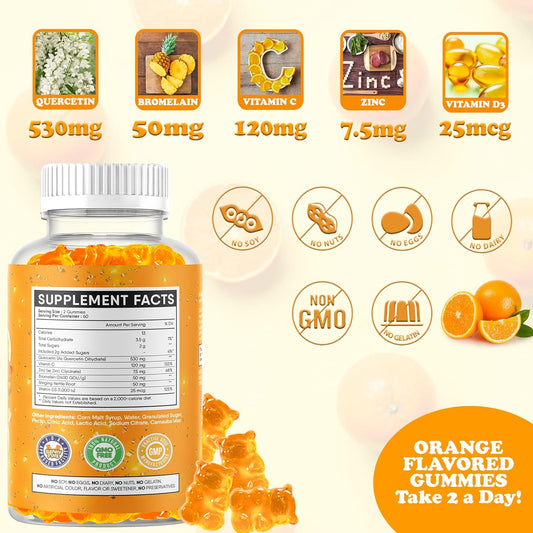 Quercetin With Bromelain Gummies - Vitamin C + Zinc & Vitamin D3 – Extra Strength Immune Support Booster - 60 Quercetin Gummies - Made In The Usa