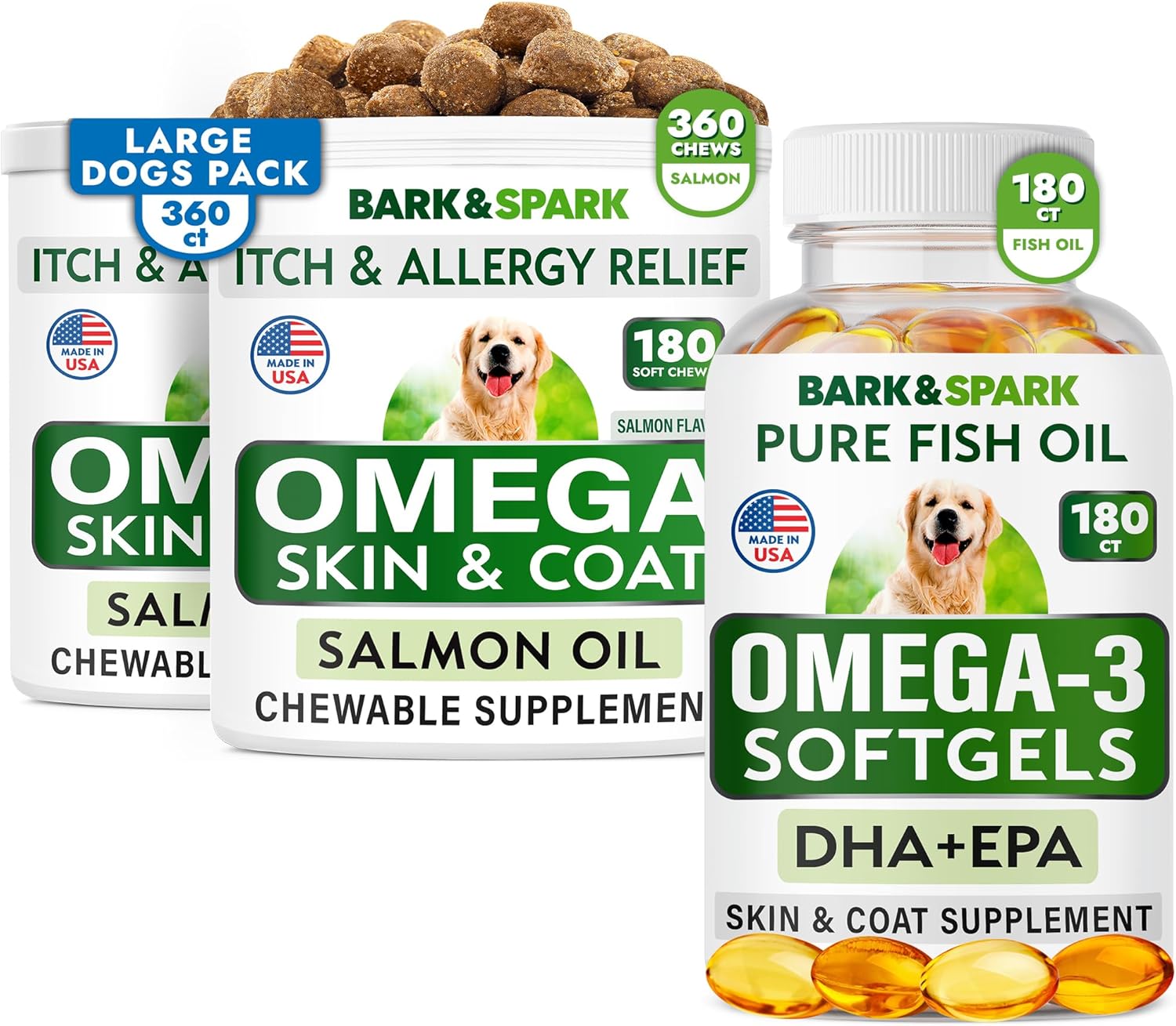 Omega 3 For Dogs Bundle - Anti-Itch Skin + Skin Allergy - Omega 3 Fish Oil + Epa & Dha Fatty Acids - Itching & Paw Licking + Itch Relief - 180 Softgels + 360 Chews - Made In Usa