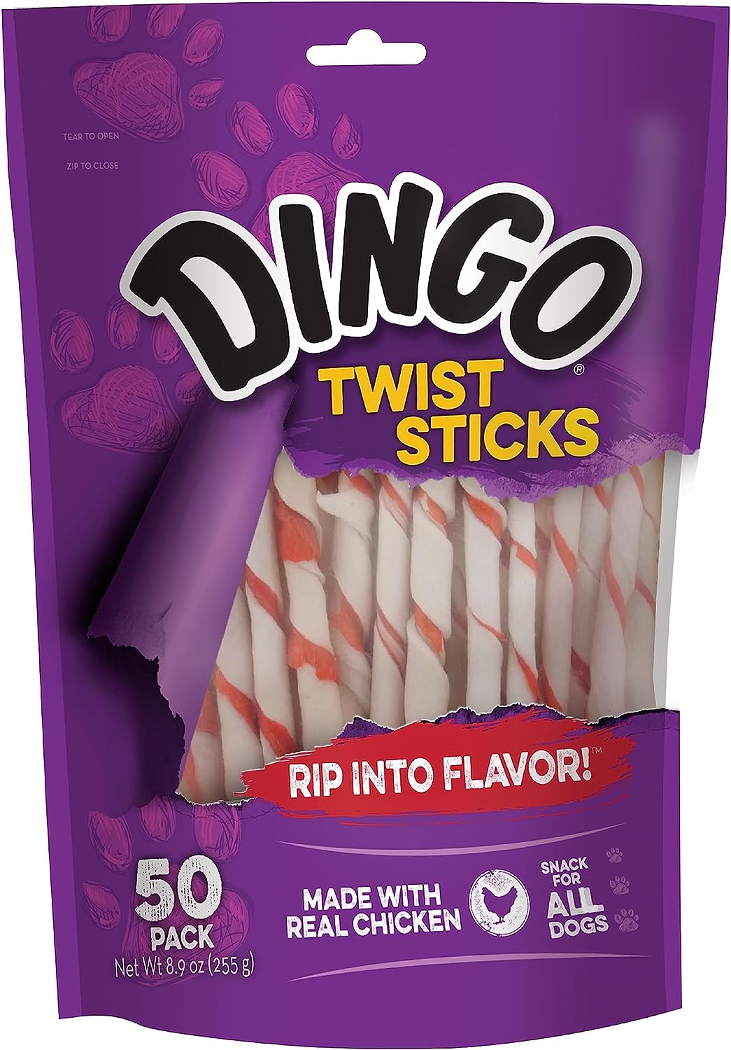 Dingo Twist Sticks 50 Count, Rawhide For Dogs, Made With Real Chicken, 50 Count (Pack of 1)