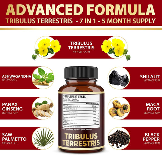 Tribulus Terrestris Supplement For Men & Women, 9050Mg Per Capsule, 5-Month Supply With Ashwagandha, Panax Ginseng, Saw Palmetto, Maca, Shilajit