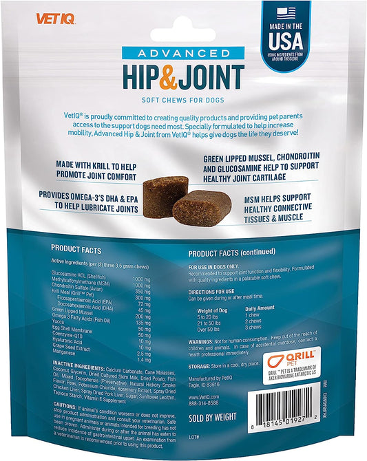 VetIQ Advanced Hip & Joint Chews For Dogs, 60 Count, Chicken Flavored Supplements Made with Glucosamine, Omega 3’s, Chondroitin, MSM, and Green Lipped Mussel, Increases Mobility and Maintains Muscles
