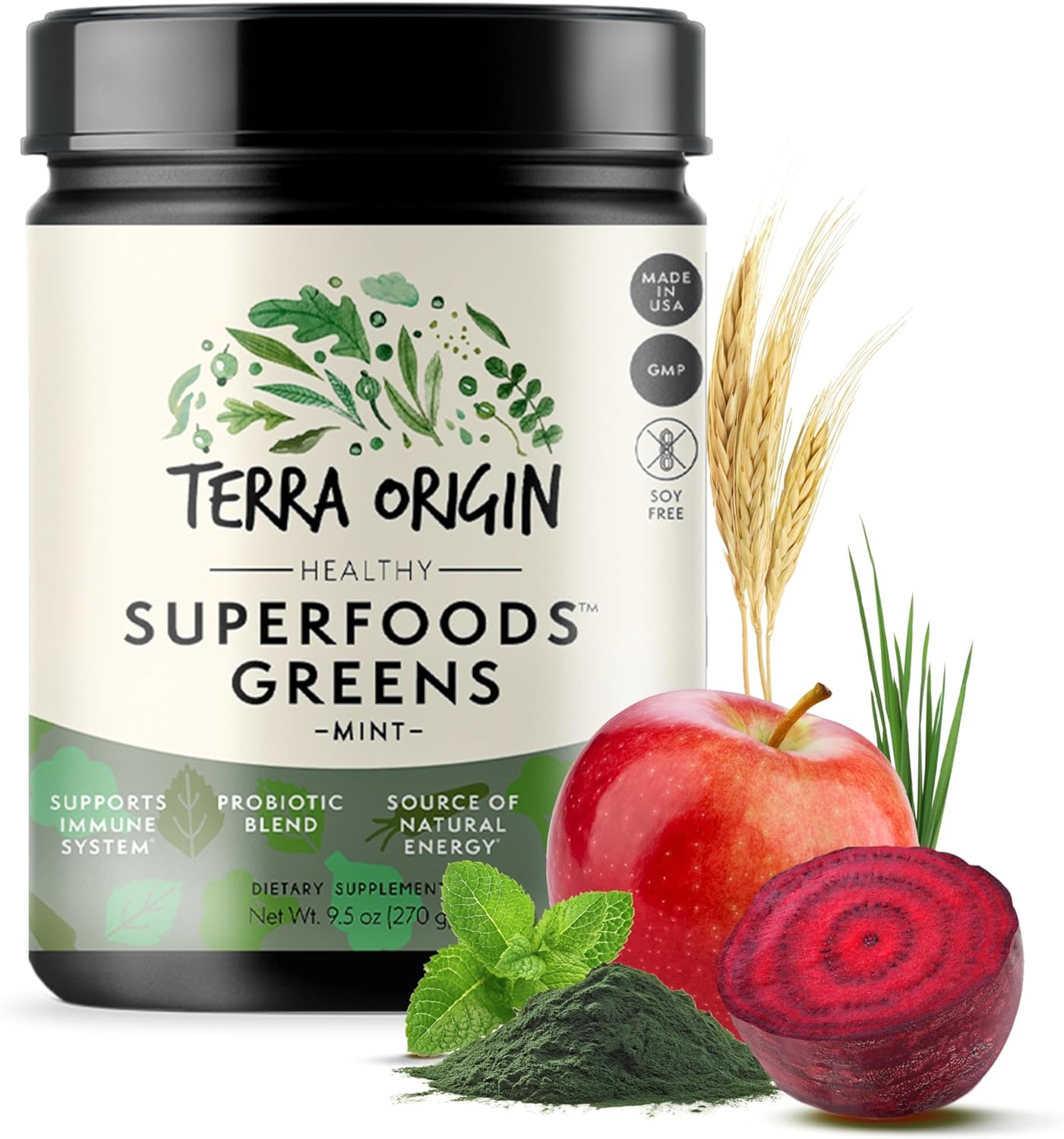 Terra Origin Greens Powder For Immune Defense And Digestive Support | With Spirulina, Probiotics, Organic Vegetables, Digestive Enzymes | Non-Gmo | 30 Servings | Mint Flavor