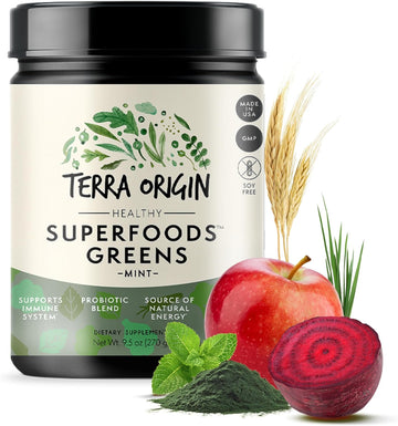 Terra Origin Greens Powder For Immune Defense And Digestive Support | With Spirulina, Probiotics, Organic Vegetables, Digestive Enzymes | Non-Gmo | 30 Servings | Mint Flavor