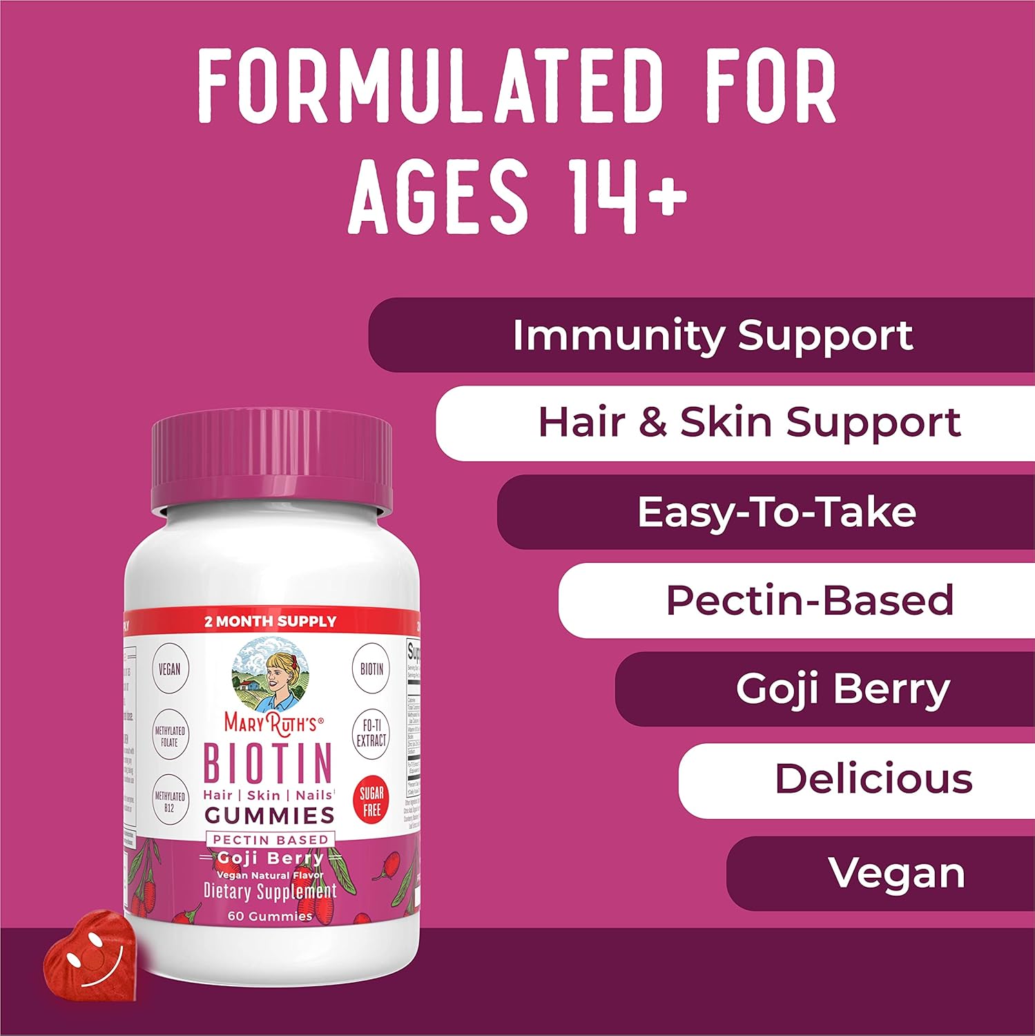 Biotin Gummies by MaryRuth's | Sugar Free | 2 Month Supply | Nutrients for Hair Skin & Nails | Biotin 2500mcg | Zinc | B Vitamins | Biotin Gummies for Hair | Vegan | Non-GMO | Gluten Free | 60 Count : Health & Household