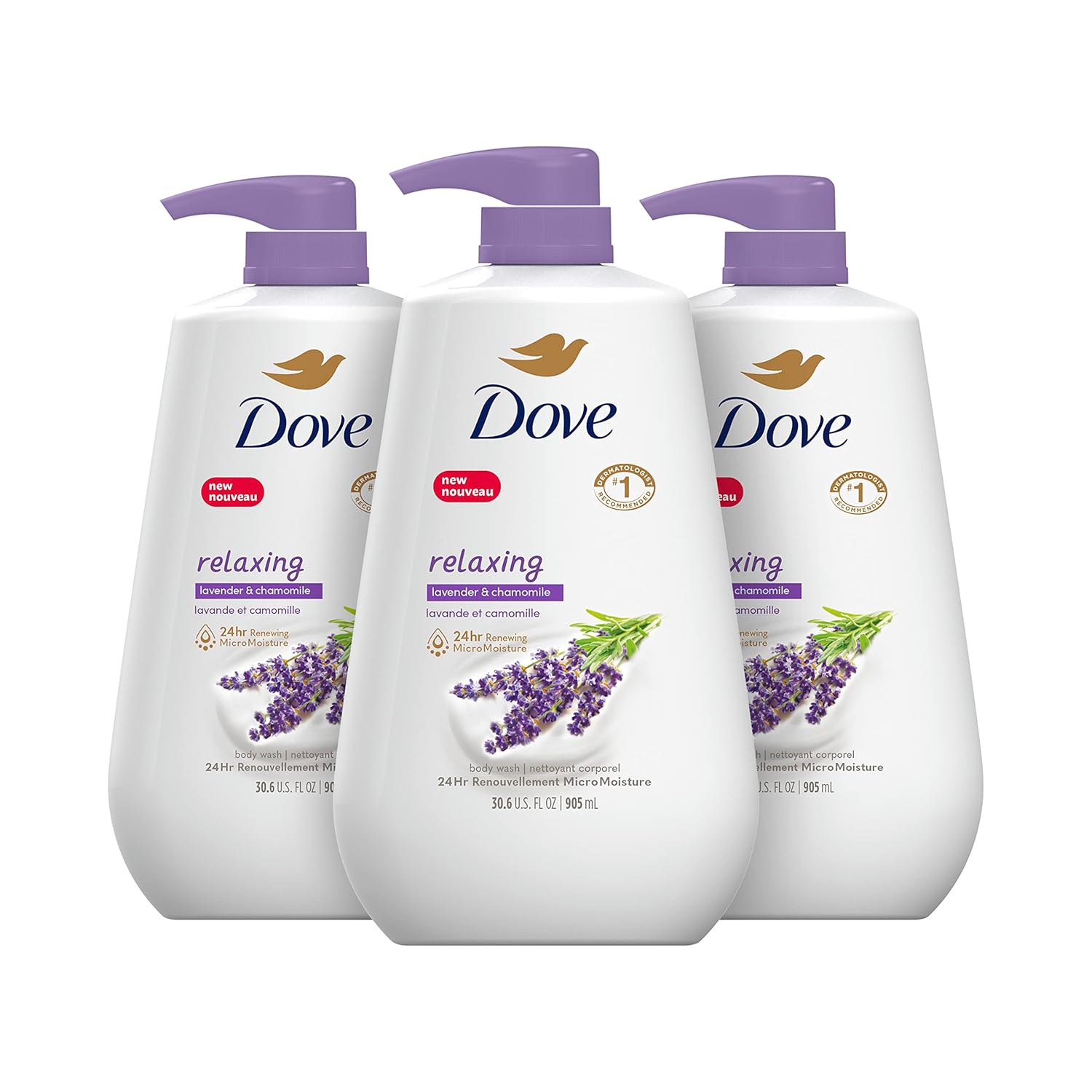 Dove Body Wash With Pump Relaxing Lavender Oil & Chamomile 3 Count For Renewed, Healthy-Looking Skin Gentle Skin Cleanser With 24Hr Renewing Micromoisture 30.6 Oz